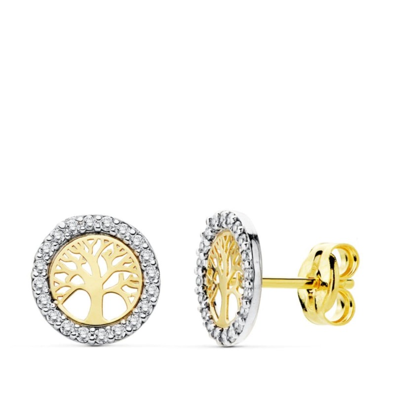 PENDIENTES ORO BICOLOR ARBOL DE LA VIDA CIRCONITA 8 MM PRESION                                      