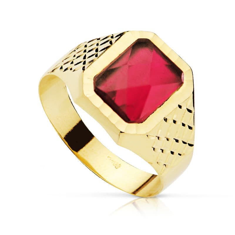 SELLO ORO AMARILLO CADETE PIEDRA 9X7 MM RUBI SPINEL TALLADO                                         